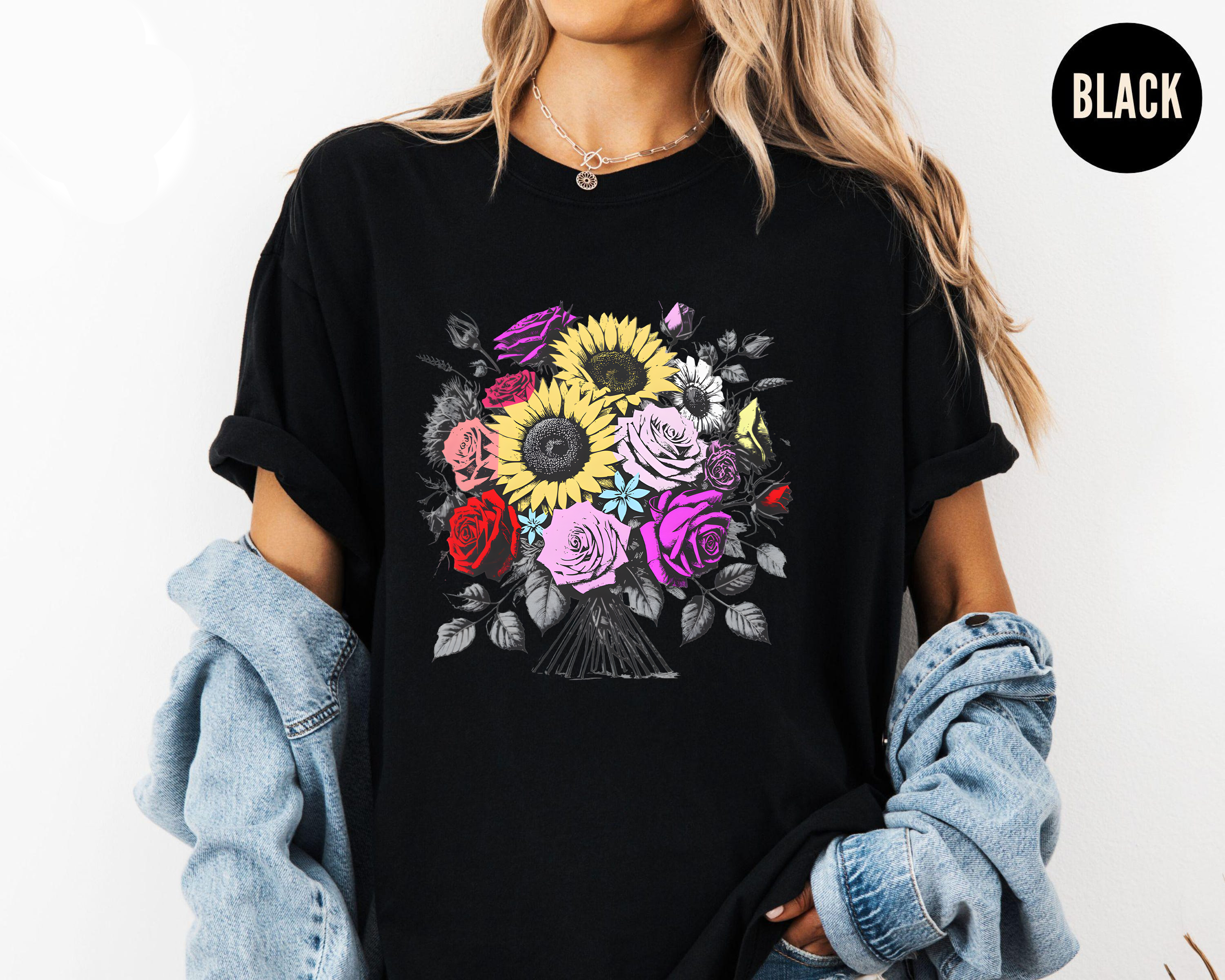 Sunflower Rose Bouquet Shirt, Floral Graphic T-Shirt, Botanical Garden Tee, Flower Lover Gift, Colorful Aesthetic Shirt