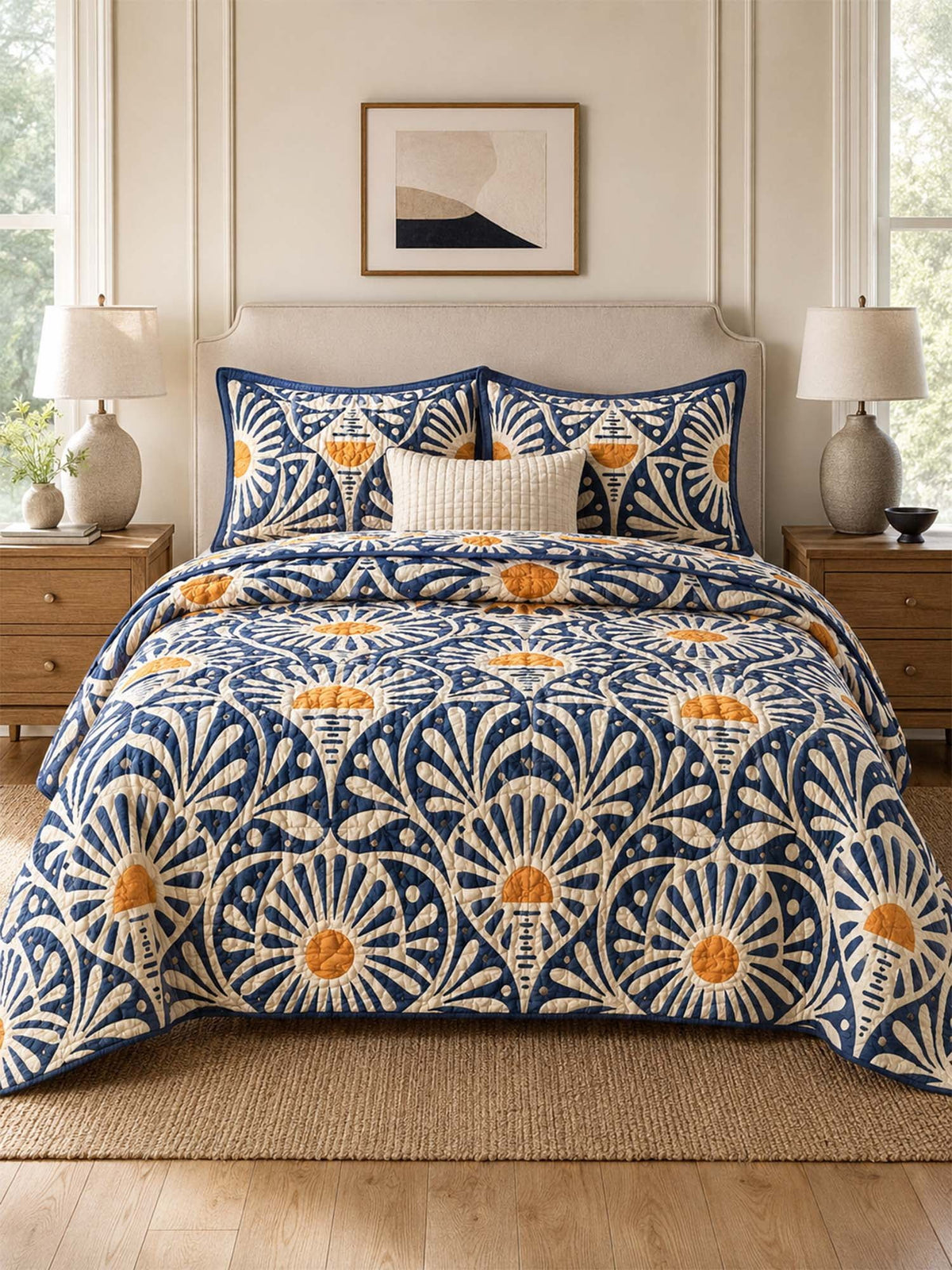 Boho Floral Quilted Bedding Set, Flower Patchwork Bedspread with Pillowcases, Festive Winter Bedroom Decor, Bedding Decor PTBED15