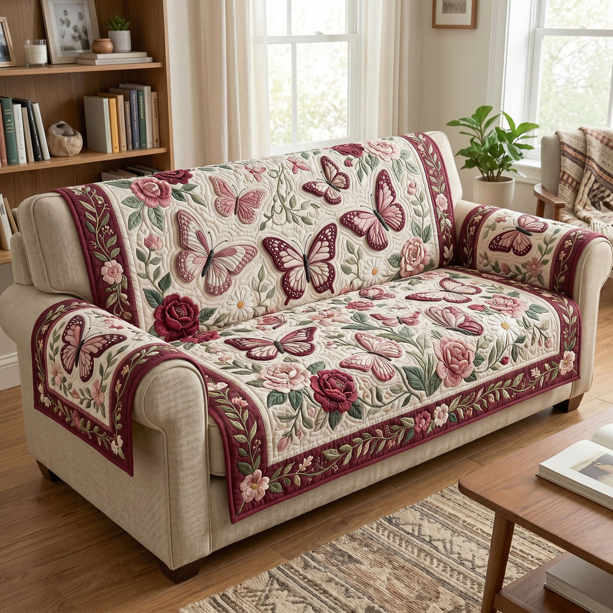Butterfly And Rose Course Patchwork Quilted Sofa Cover, Flower Pattern Sofa Cover, Patchwork Couch Throw, Sofa Protector, Holiday Sofa Decor QUILTSOFA77