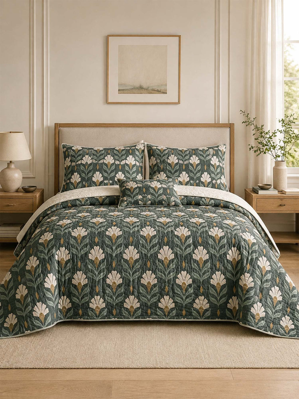 Flower Floral Quilted Bedding Set, Christmas Patchwork Bedspread with Pillowcases, Festive Winter Bedroom Decor, Bedding Decor PTBED14
