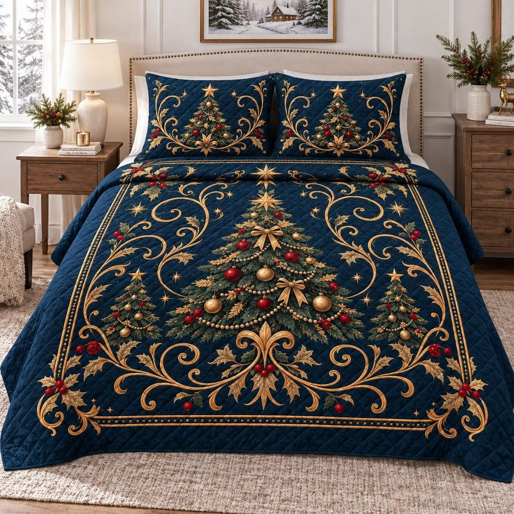 Blue Christmas Tree Quilted Bedding Set, Christmas Patchwork Bedspread with Pillowcases, Festive Winter Bedroom Decor, Bedding Decor PTBED13