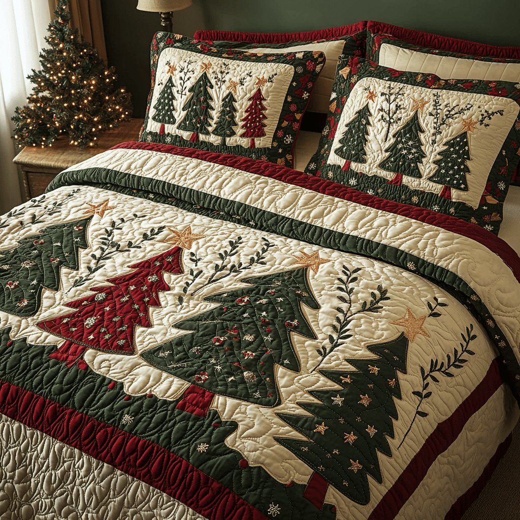 Christmas Tree Quilted Bedding Set, Christmas Patchwork Bedspread with Pillowcases, Festive Winter Bedroom Decor, Bedding Decor PTBED12