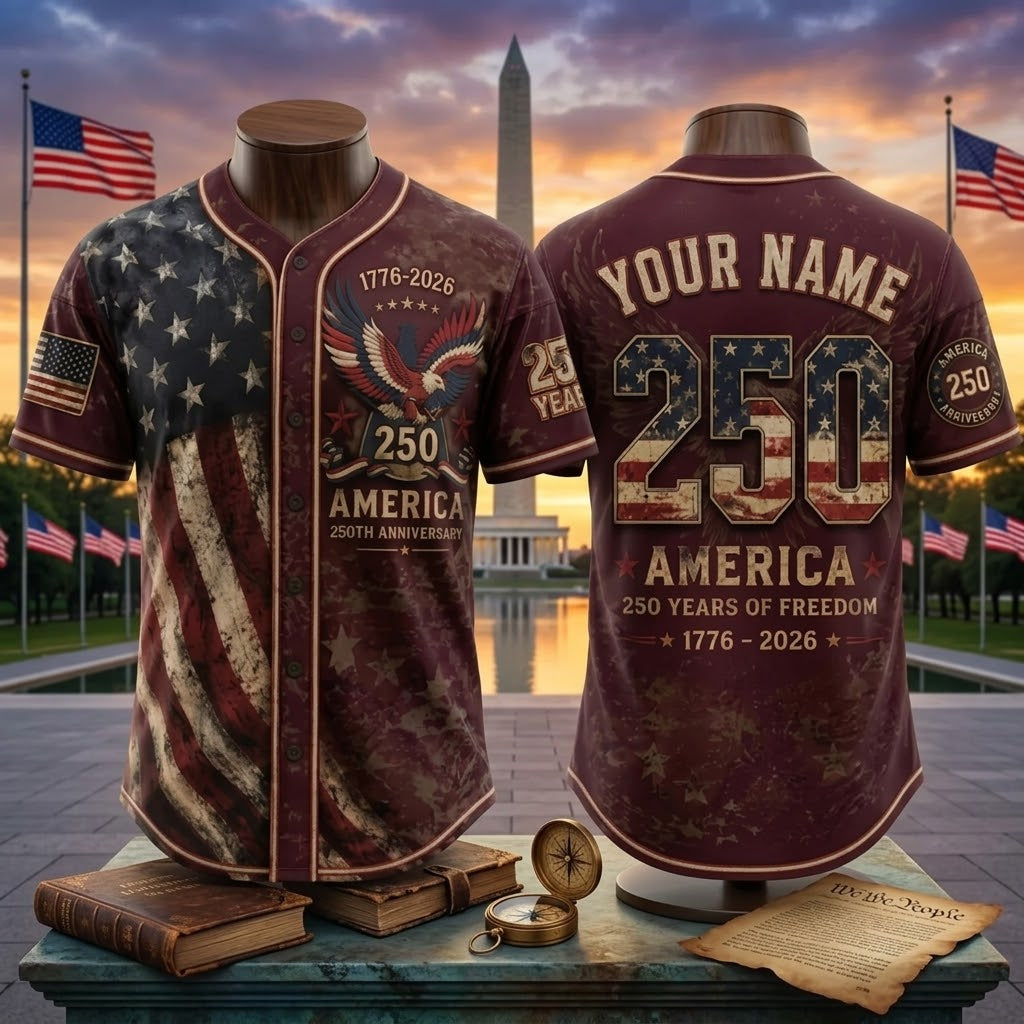 America 250th Anniversary Baseball Jersey, Custom Name USA Jersey, 1776–2026 Patriotic Baseball Shirt, Fourth of July Freedom Jersey. BJPETAL09