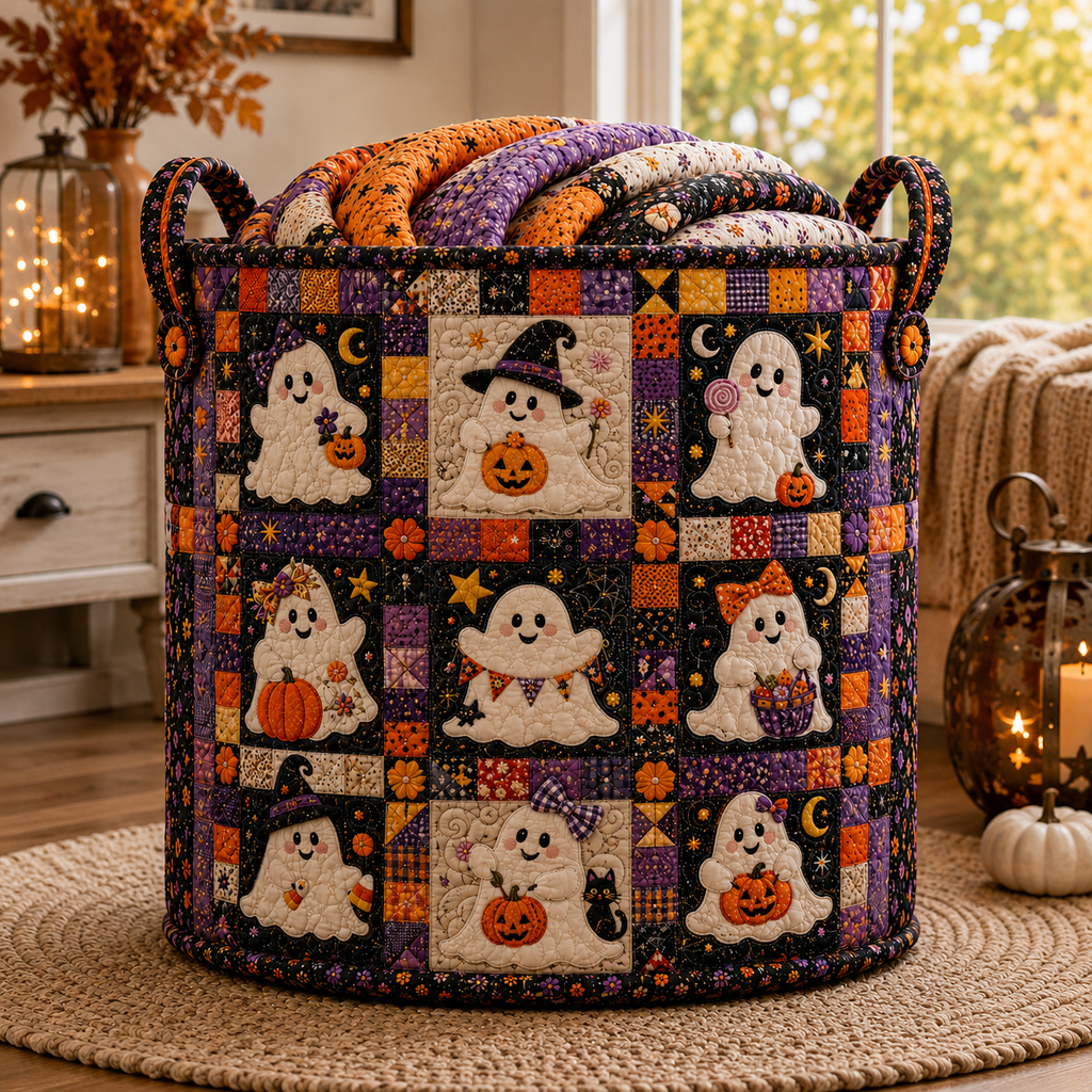 Halloween Ghost Quilted Laundry Bag, Patchwork Pumpkin Hamper Basket, Cute Spooky Storage Organizer Decor Gift. HLWLBPETAL1