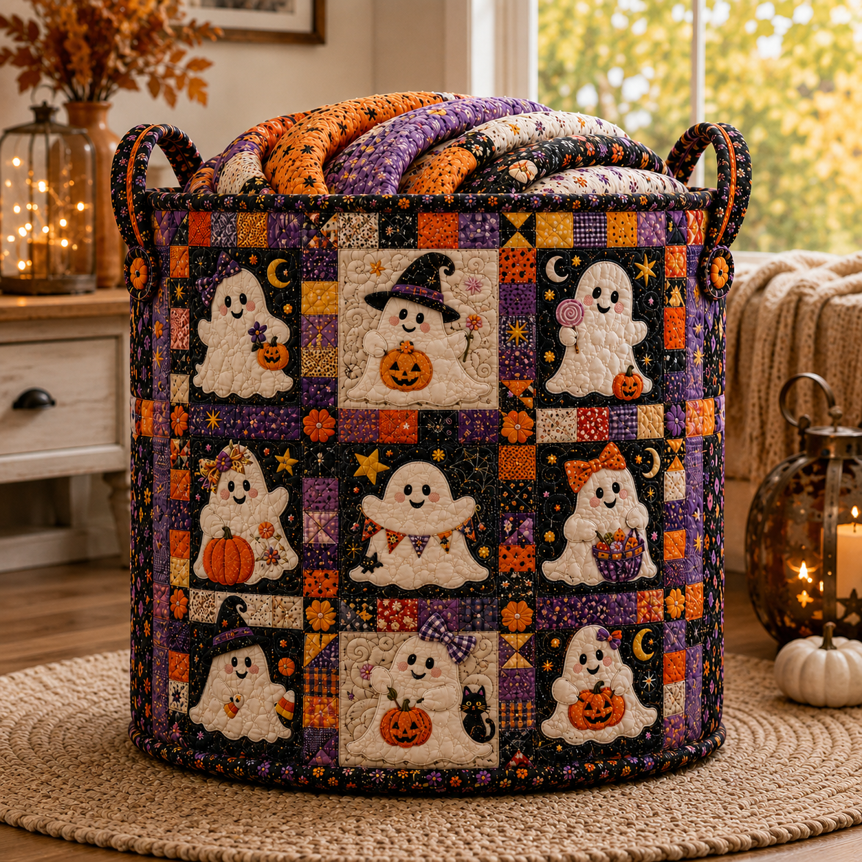 Halloween Ghost Quilted Laundry Bag, Patchwork Pumpkin Hamper Basket, Cute Spooky Storage Organizer Decor Gift. HLWLBPETAL1