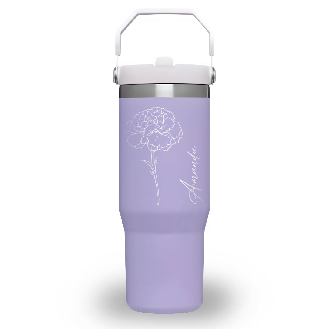 Personalized Birth Flower Flip Straw Tumbler with Handle, Custom Name 40oz Cup, November Peony Monthly Bloom Engraved Mug, Birthday Gift for Her