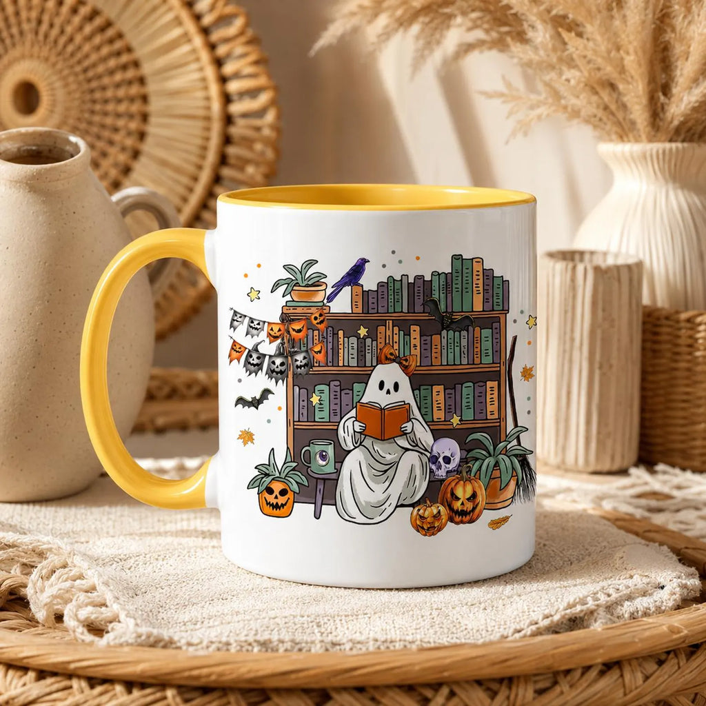 Cute Ghost Reading Book Mug, Spooky Bookshelf Ceramic Cup, Halloween Book Lover Gift For Librarian, Fall Autumn Bookish Cozy Reading Present. MPETAL15