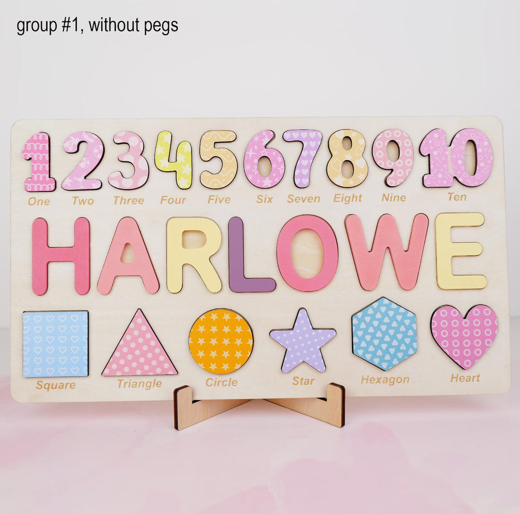 Personalized Wooden Name Puzzle Gift for Boys & Girls, Custom Baby Gifts Name Puzzle with Numbers, Geometry Shapes, Back Engraving. NPPETAL1