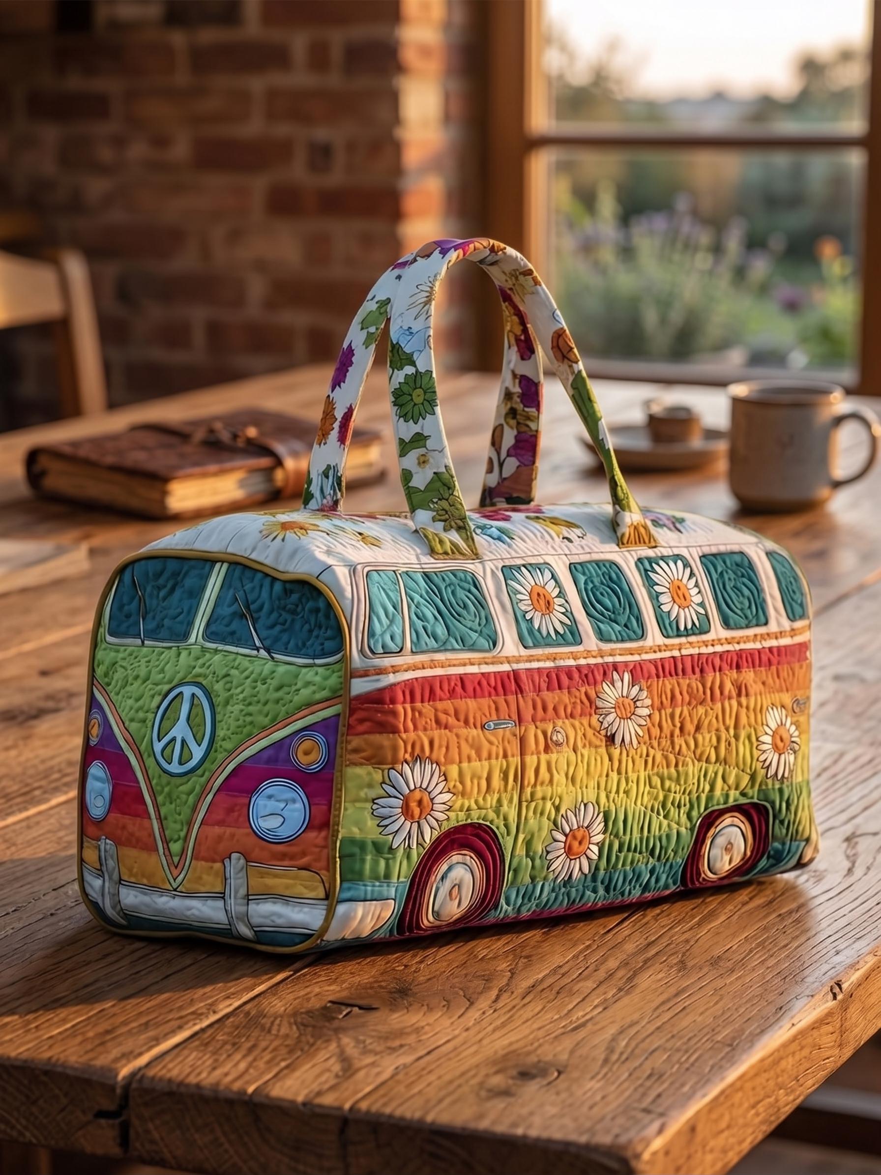 Rainbow Daisy Camper Van Quilted Duffle Bag – Boho Floral Travel Weekender Tote, Hippie Stripe Overnight Bag, Cute Aesthetic Duffel Gift for Women