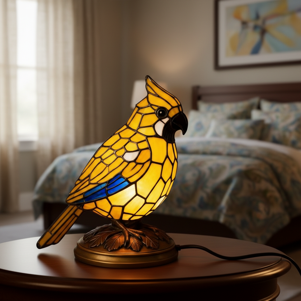 Yellow Cardinal Bird LED Night Light, Acrylic Plastic Bird Table Lamp, Artistic Mosaic Style Decor Light, Cozy Bedroom Night Lamp, Nature Lover Gift