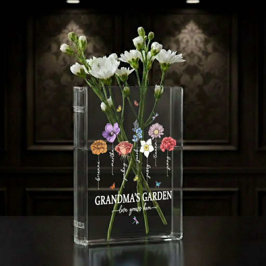 Personalized Grandma's Garden Book Vase – Custom Birth Flower Vase, Perfect Mother's Day Gift for Nana, Nanny, and Family