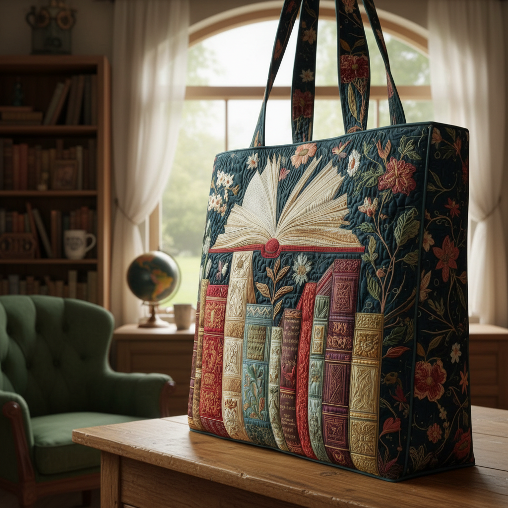Open Book Quilted Tote Bag – Vintage Library Floral Shoulder Bag, Book Lover Market Tote, Literary Aesthetic Gift for Women