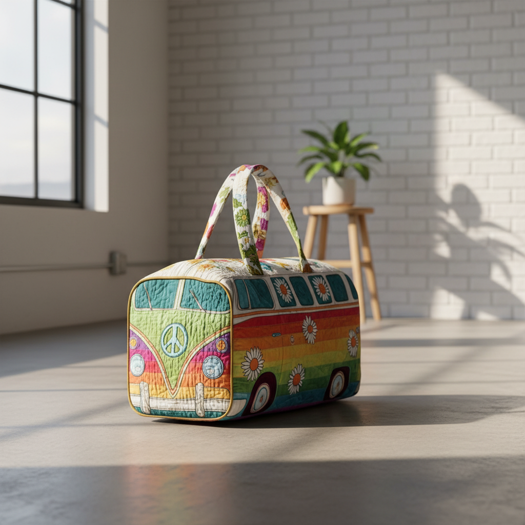 Rainbow Daisy Camper Van Quilted Duffle Bag – Boho Floral Travel Weekender Tote, Hippie Stripe Overnight Bag, Cute Aesthetic Duffel Gift for Women