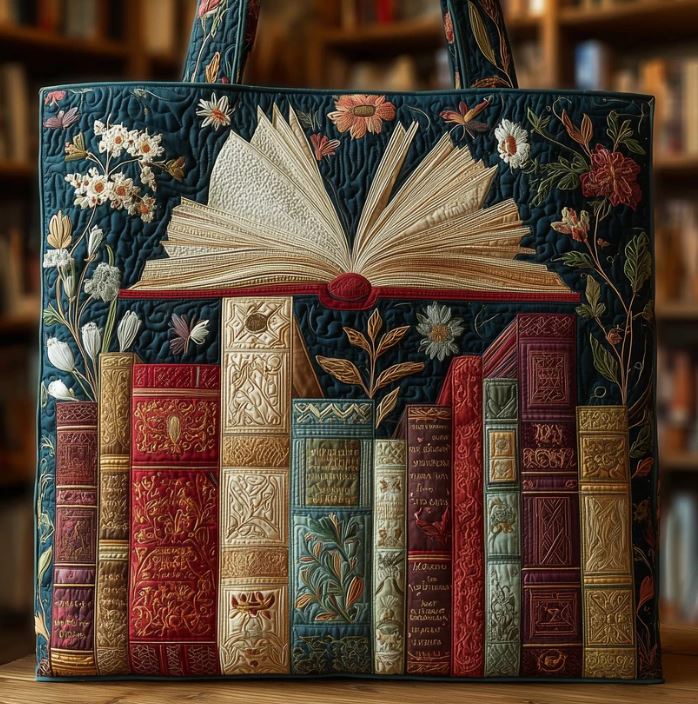 Open Book Quilted Tote Bag – Vintage Library Floral Shoulder Bag, Book Lover Market Tote, Literary Aesthetic Gift for Women