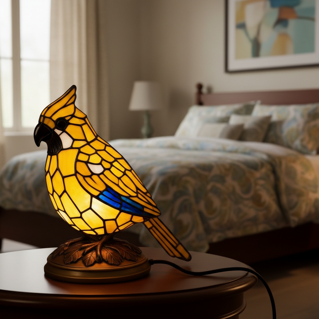 Yellow Cardinal Bird LED Night Light, Acrylic Plastic Bird Table Lamp, Artistic Mosaic Style Decor Light, Cozy Bedroom Night Lamp, Nature Lover Gift