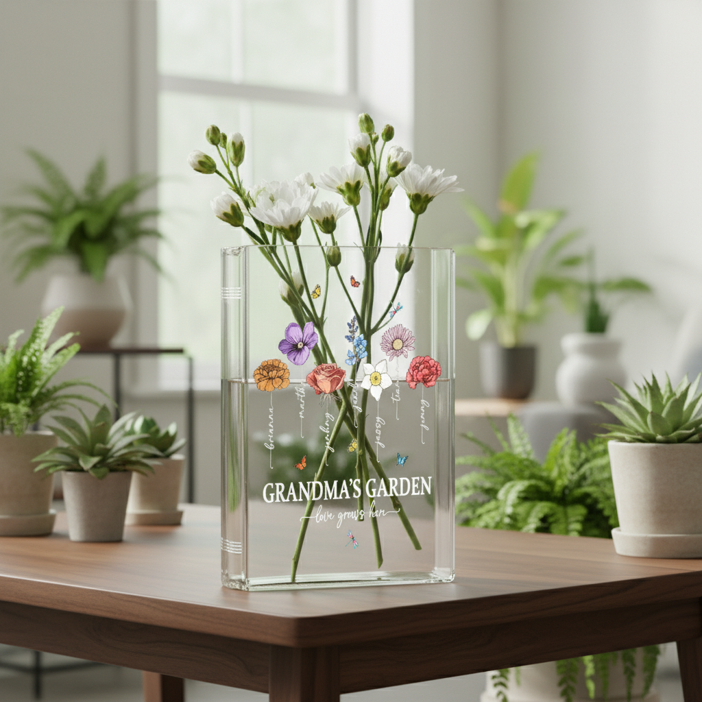 Personalized Grandma's Garden Book Vase – Custom Birth Flower Vase, Perfect Mother's Day Gift for Nana, Nanny, and Family