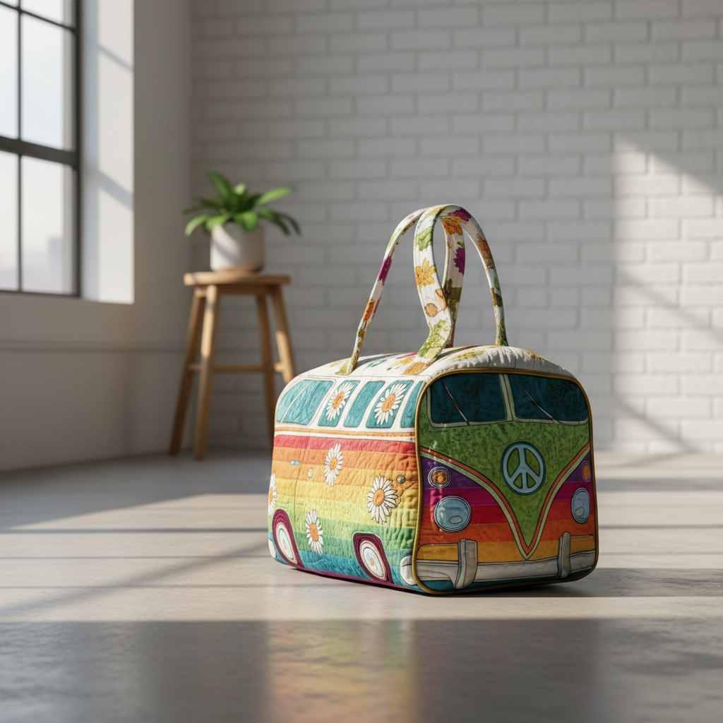 Rainbow Daisy Camper Van Quilted Duffle Bag – Boho Floral Travel Weekender Tote, Hippie Stripe Overnight Bag, Cute Aesthetic Duffel Gift for Women