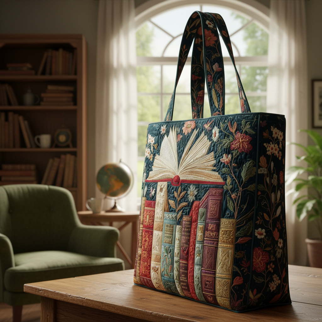 Open Book Quilted Tote Bag – Vintage Library Floral Shoulder Bag, Book Lover Market Tote, Literary Aesthetic Gift for Women