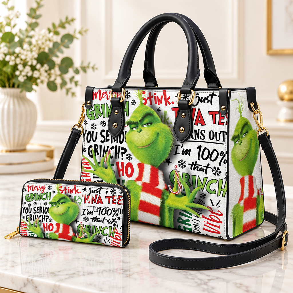 Funny Grinch Christmas Pattern Leather Handbag, Grinch Christmas Leather Tote Bag, Grinch Wallet Purse, Christmas Bag Gift GBAG09