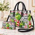 Funny Grinch Christmas Pattern Leather Handbag, Grinch Christmas Leather Tote Bag, Grinch Wallet Purse, Christmas Bag Gift GBAG09
