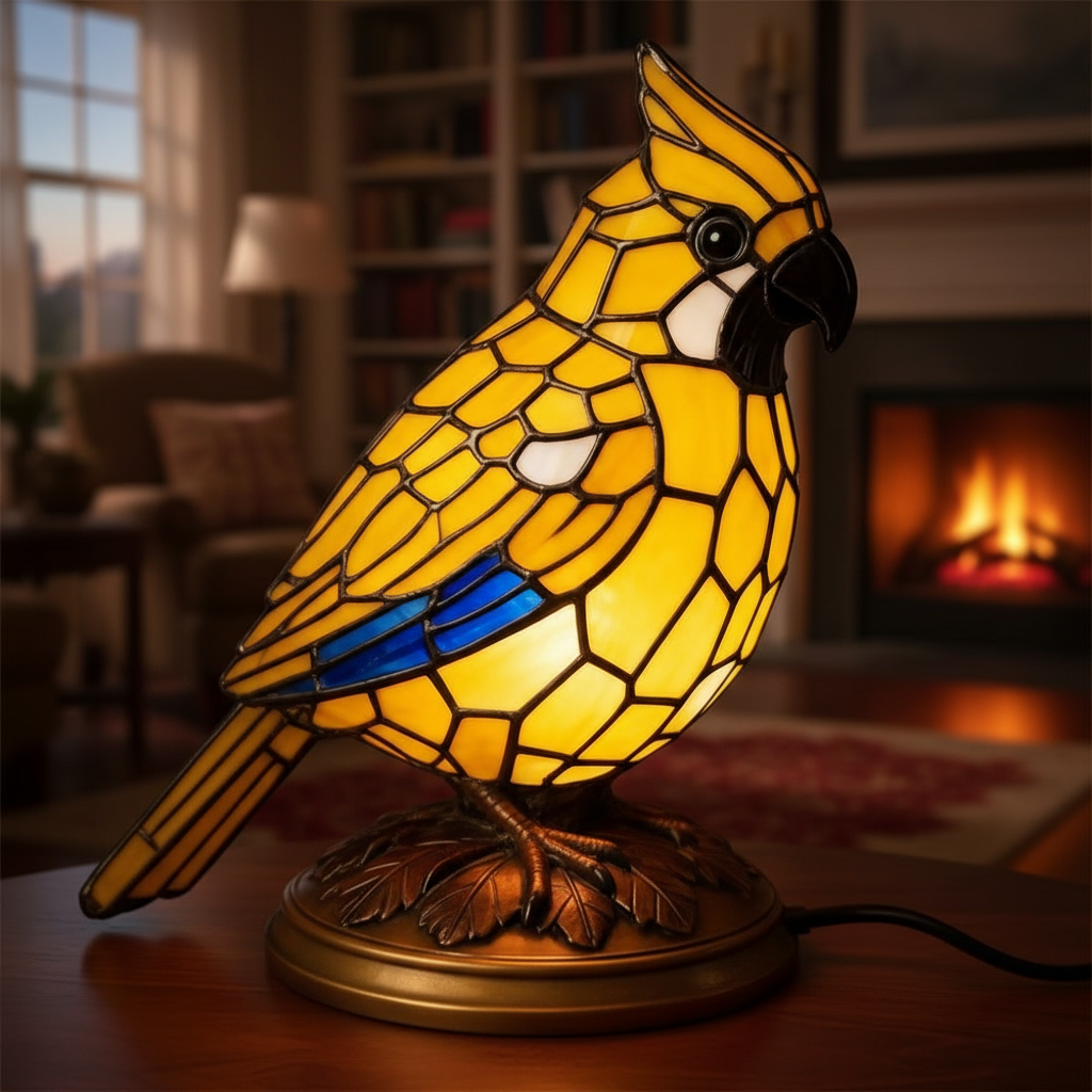 Yellow Cardinal Bird LED Night Light, Acrylic Plastic Bird Table Lamp, Artistic Mosaic Style Decor Light, Cozy Bedroom Night Lamp, Nature Lover Gift