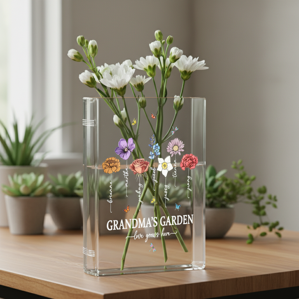 Personalized Grandma's Garden Book Vase – Custom Birth Flower Vase, Perfect Mother's Day Gift for Nana, Nanny, and Family