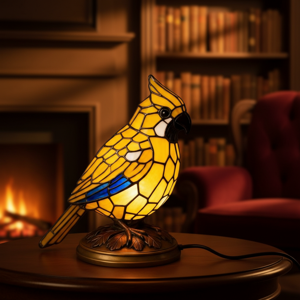 Yellow Cardinal Bird LED Night Light, Acrylic Plastic Bird Table Lamp, Artistic Mosaic Style Decor Light, Cozy Bedroom Night Lamp, Nature Lover Gift
