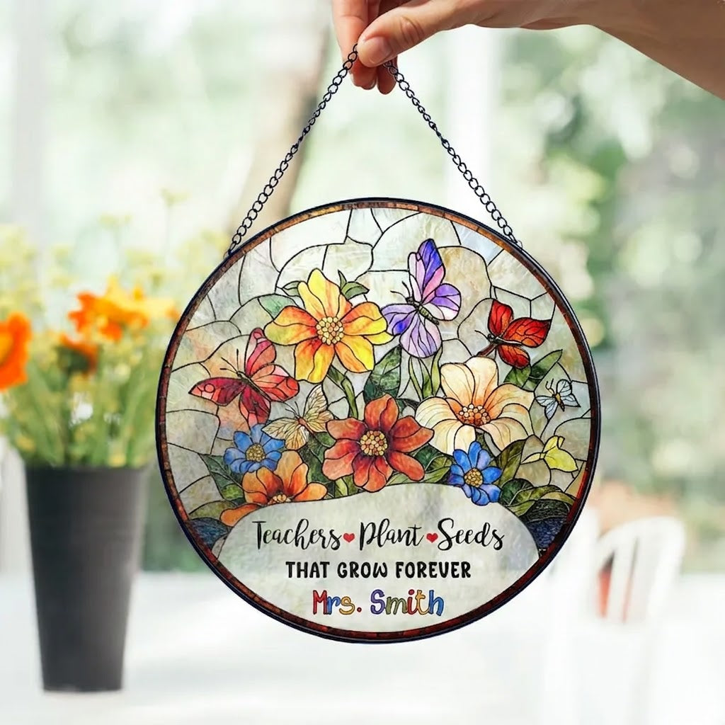 Personalized Teacher Stained Glass Suncatcher, Teacher Appreciation Gift, Back To School Gift, Teacher Gift, Windown Hanging Classroom Decor. SUNPETAL19