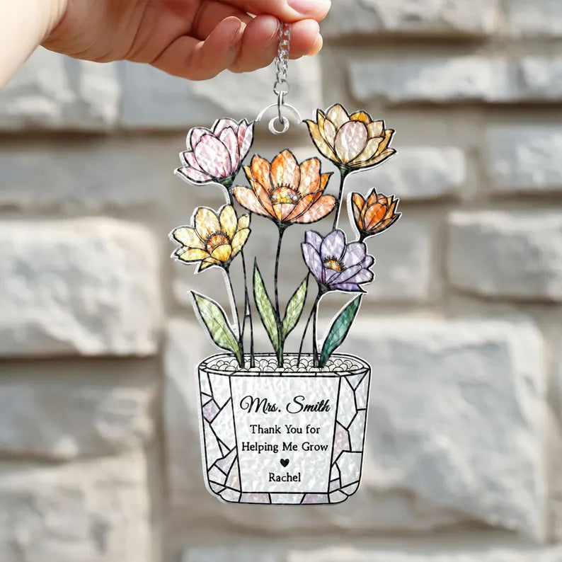 Personalized Sunflower Teacher Stained Glass Suncatcher: Thank You For Helping Me Grow, Teacher Appreciation Gift. SUNPETAL16