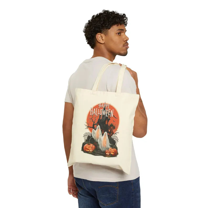 Happy Halloween Tote Bag, Haunted House Ghost Canvas Bag, Pumpkin Trick or Treat Bag, Spooky Season Halloween Gift Tote. HLWTBPETAL8
