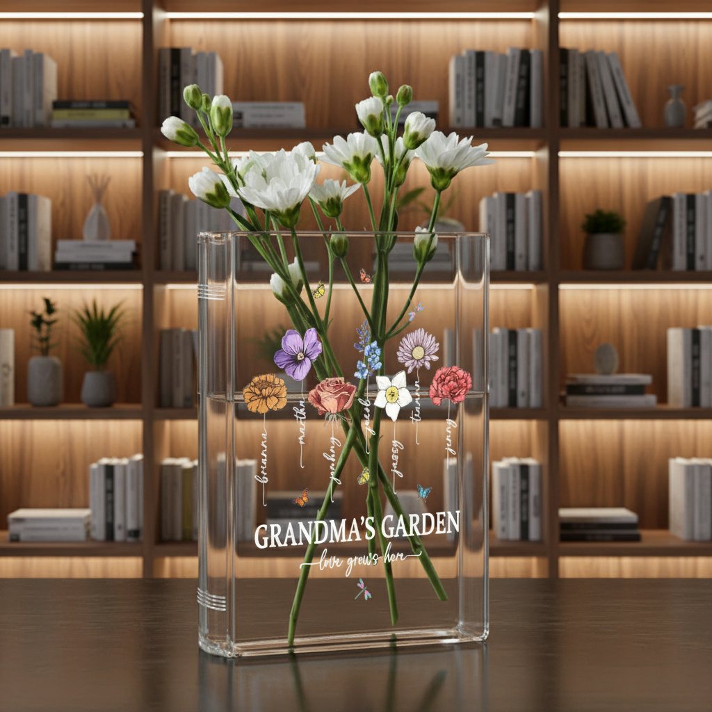Personalized Grandma's Garden Book Vase – Custom Birth Flower Vase, Perfect Mother's Day Gift for Nana, Nanny, and Family