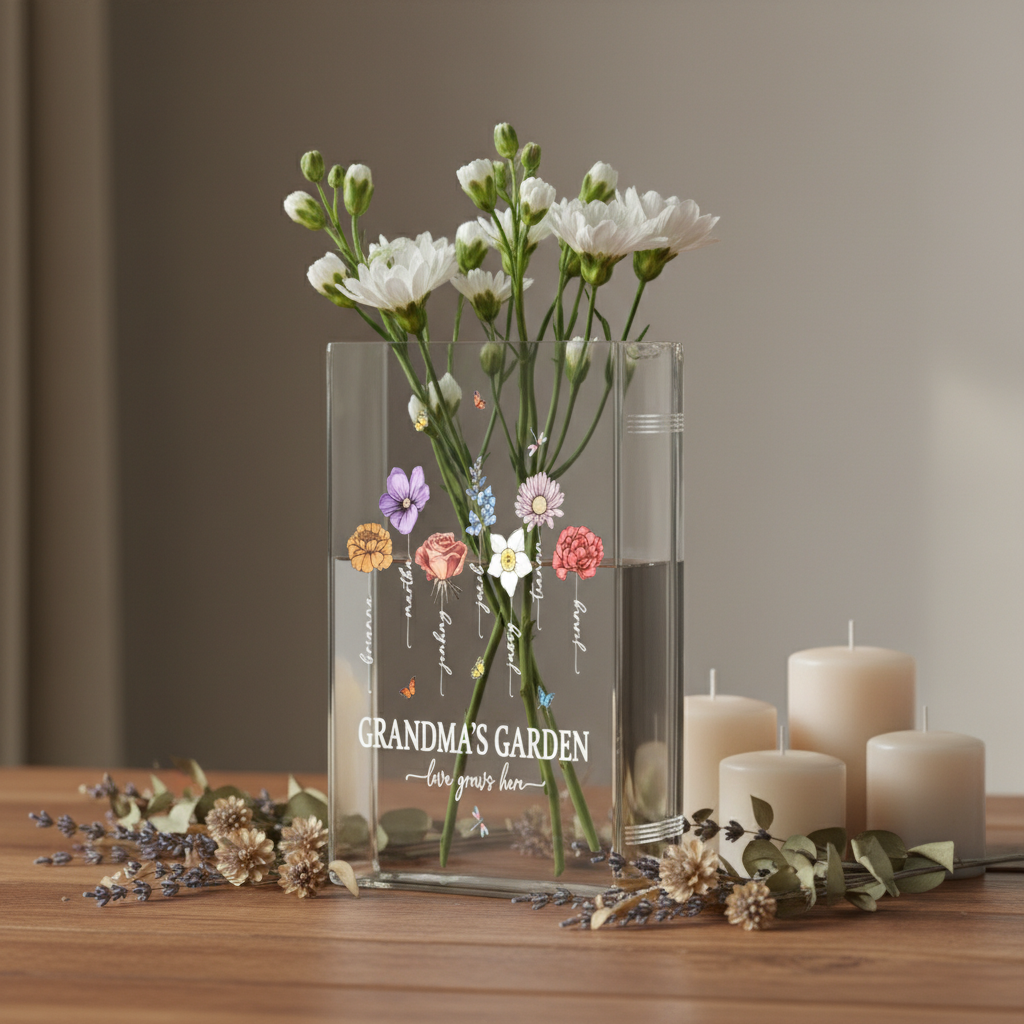 Personalized Grandma's Garden Book Vase – Custom Birth Flower Vase, Perfect Mother's Day Gift for Nana, Nanny, and Family