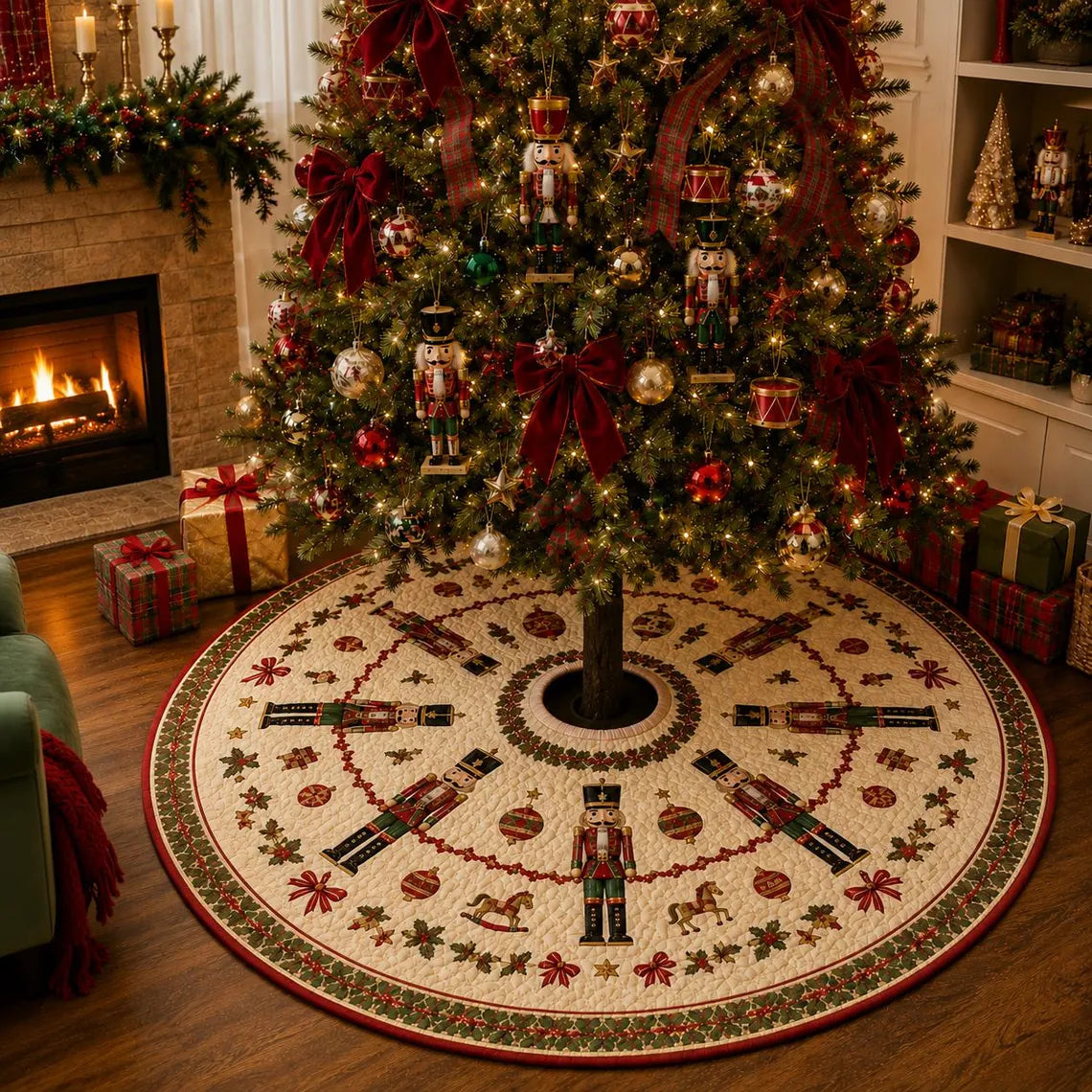 Nutcracker Christmas Tree Skirt, Quilted Patchwork Holiday Decor, Traditional Red Green Tree Mat, Royal Crown Design. CTSPETAL09