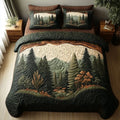 Pine Forest Quilted Bedding Set, Green Mountain Bedspread with Pillowcases, Festive Winter Bedroom Decor, Bedding Decor PTBED08