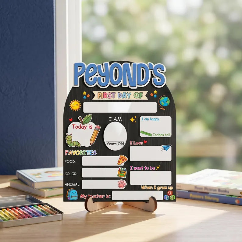 Custom First Day of School Sign,Preschool Back to School Board Kid Gift,Kindergarten 1st Day of School Photo Prop,Last Day School Name Sign. SBPETAL09