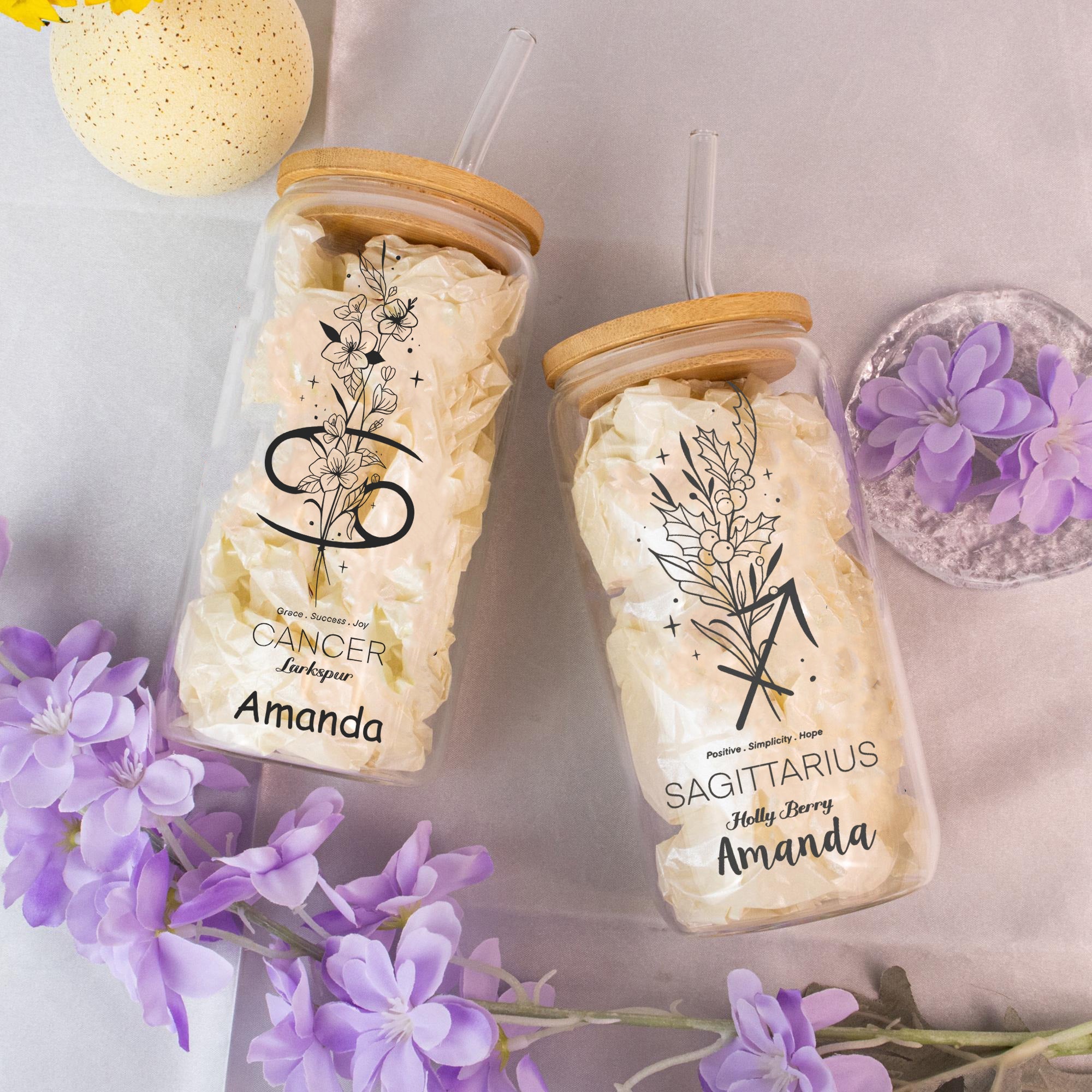 Personalized Birth Flower Zodiac Glass Tumbler with Name, Custom Astrology Cup with Bamboo Lid & Straw, Birthday Gift, Bridesmaid Gift, Christmas Present