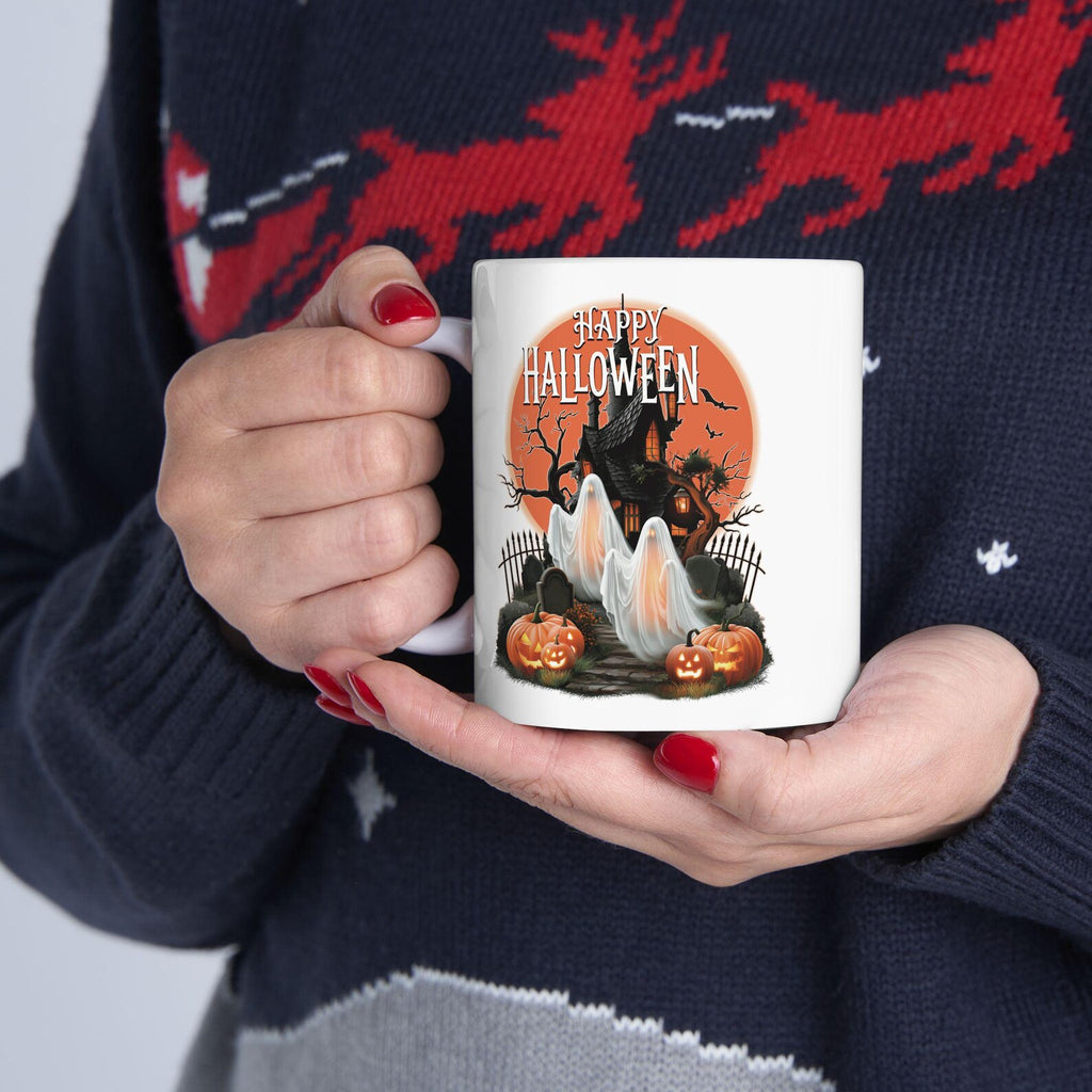 Happy Halloween Mug Spooky Ghosts Coffee Cup Gothic Haunted House Ceramic Mug Glowing Full Moon Autumn Fall Gift Holiday Keepsake Cup. MPETAL13