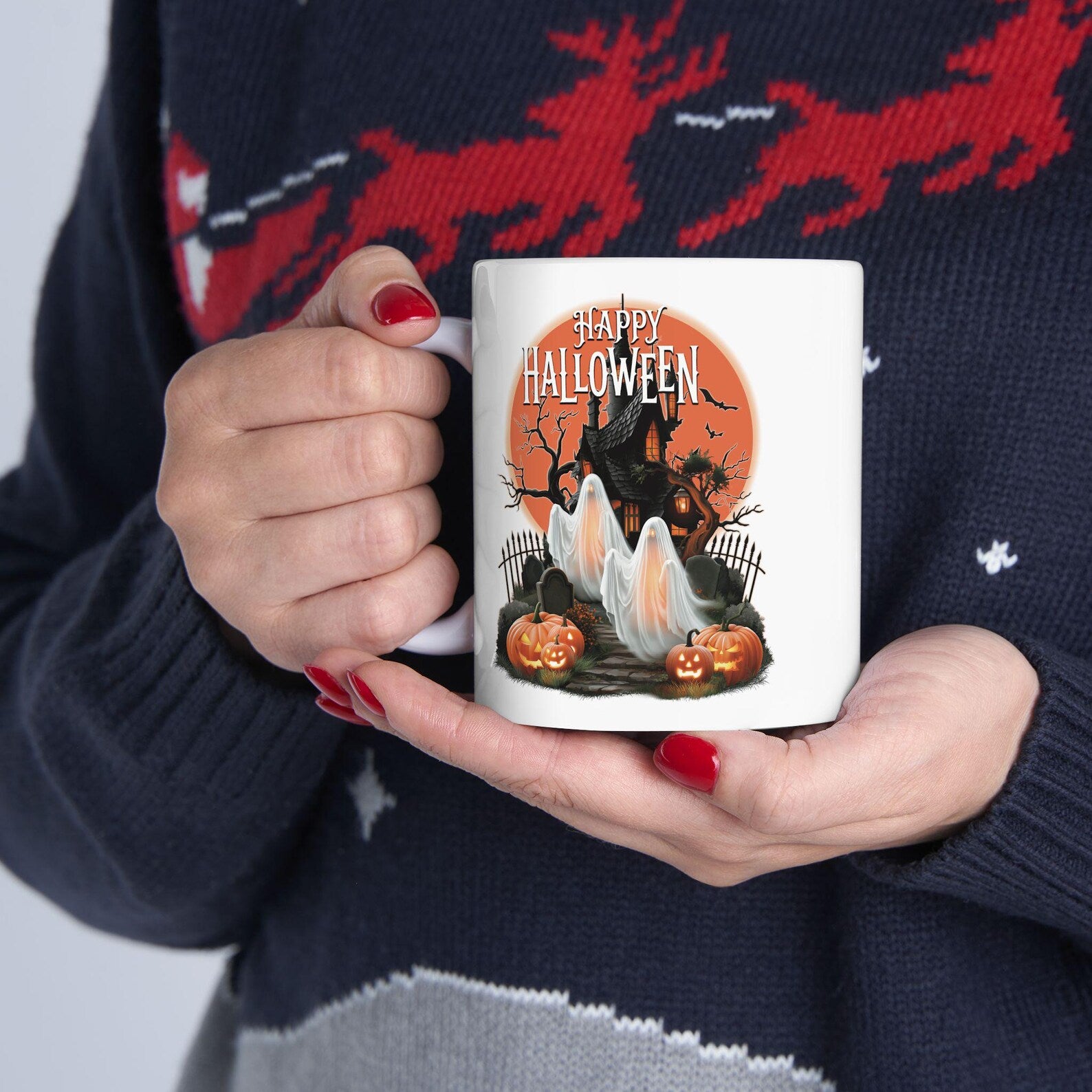 Happy Halloween Mug Spooky Ghosts Coffee Cup Gothic Haunted House Ceramic Mug Glowing Full Moon Autumn Fall Gift Holiday Keepsake Cup. MPETAL13