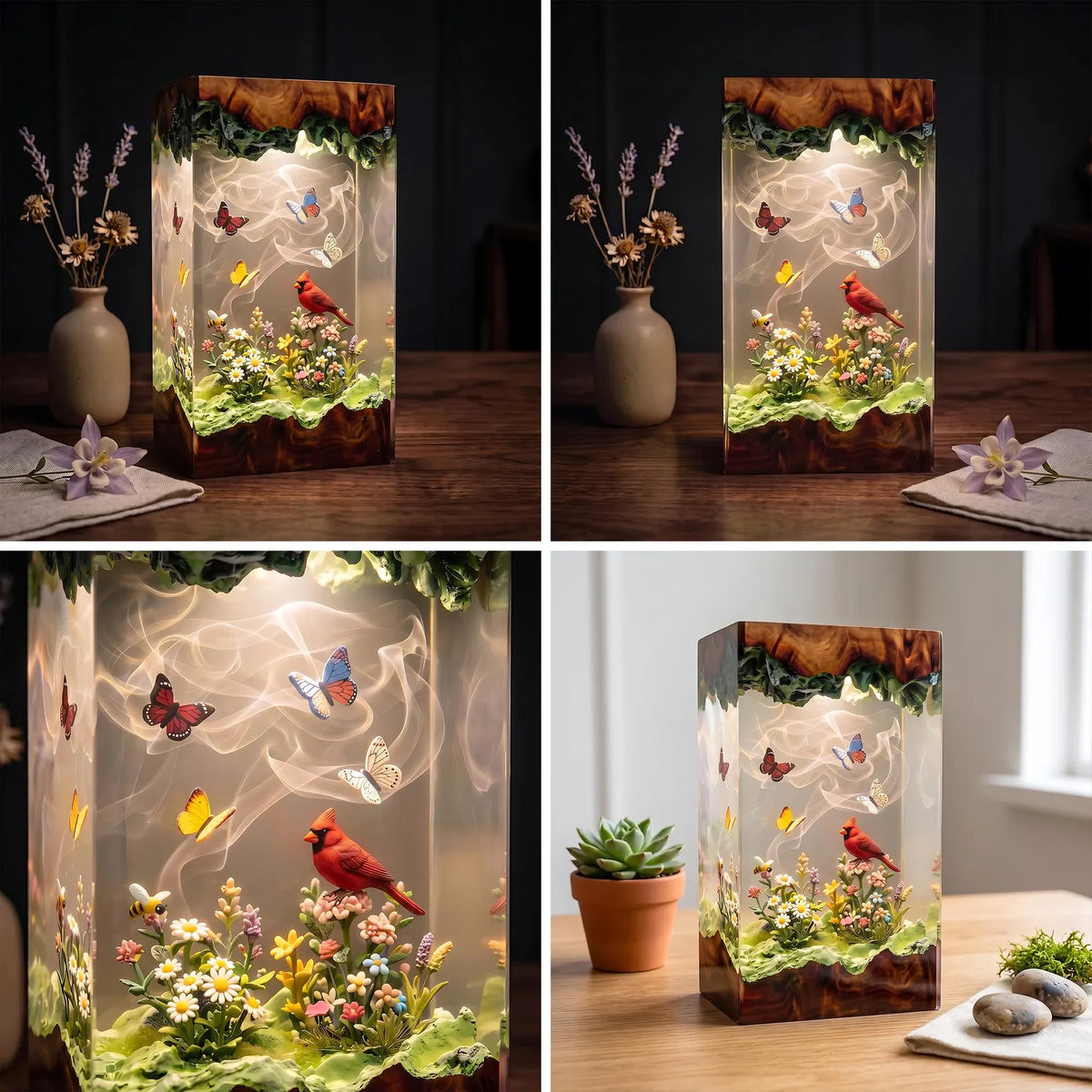 Red Cardinal Memorial Resin Lamp, Heavenly Garden Scene, Butterfly and Floral Night Light, Handmade Epoxy Decor, Christmas Gift. RLPETAL14