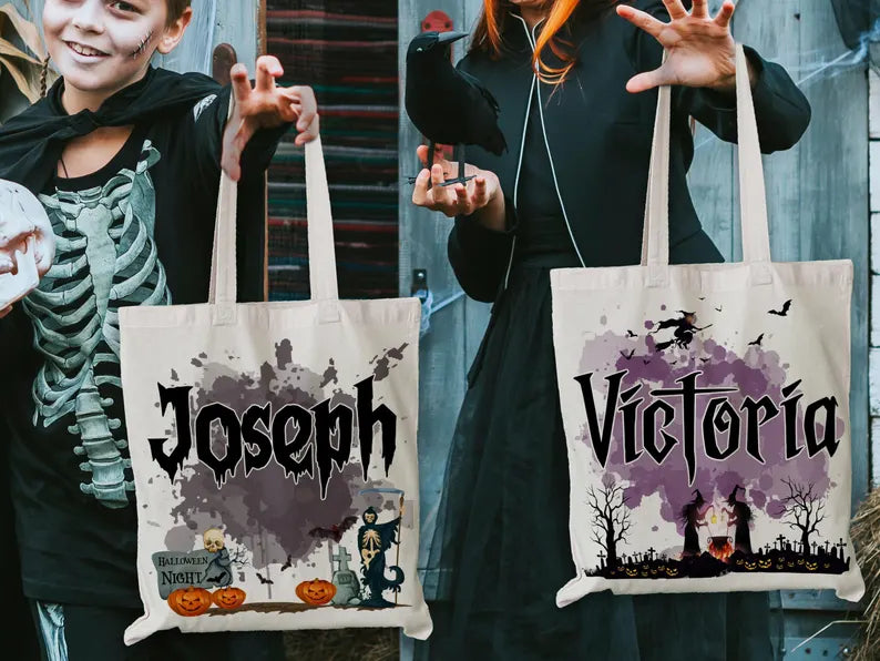 Personalized Halloween Tote Bag, Custom Name Trick or Treat Bag, Gothic Witch Pumpkin Candy Bag, Spooky Kids Halloween Gift Tote. HLWTBPETAL5