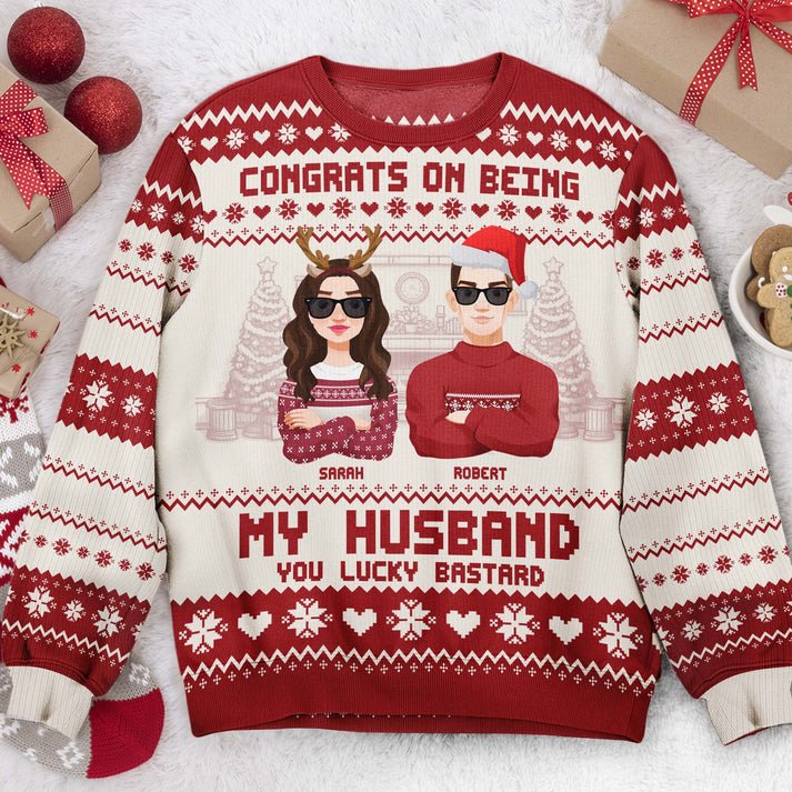 Personalized Congrats On Being My Husband Christmas Ugly Christmas Sweater, Custom Couple Shirt, Unisex Kid Adult Sweater, Christmas Party Shirt, Holiday Sweatshirts, Xmas Outfit, Christmas Gift UXMAS09