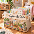 Personalized Art Studio Canvas Book Basket, Custom Name Artist Painter Nursery Storage Bin, Toy Basket BBPETAL18