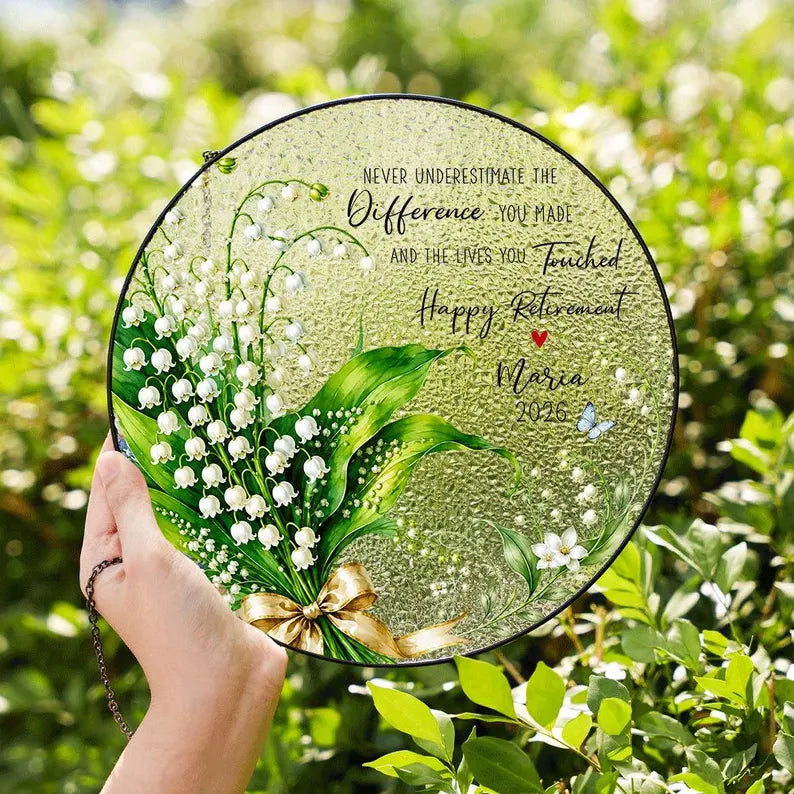 Lily of the Valley Retirement Suncatcher, Custom Teacher Gift, Personalized Window Hanging, Retirement Decor. SUNPETAL13