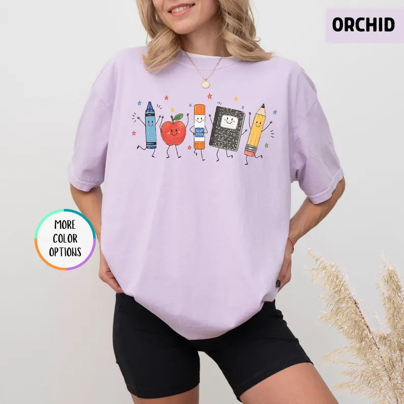 Comfort Colors® Funny Teacher Life Shirt, Back To School Gift, Preschool Teacher School Supplies T-shirt, Crayon Apple Pencil Notebook Shirt. SPETAL3