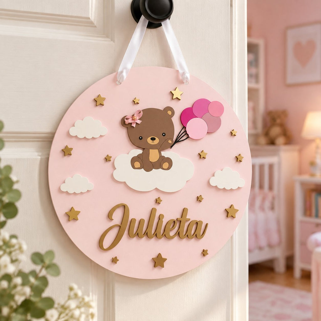 Personalized Teddy Bear Balloon Wooden Sign, Custom Girl Name Door Hanger, Pink Nursery Decor, Baby Shower Gift WOODKID08