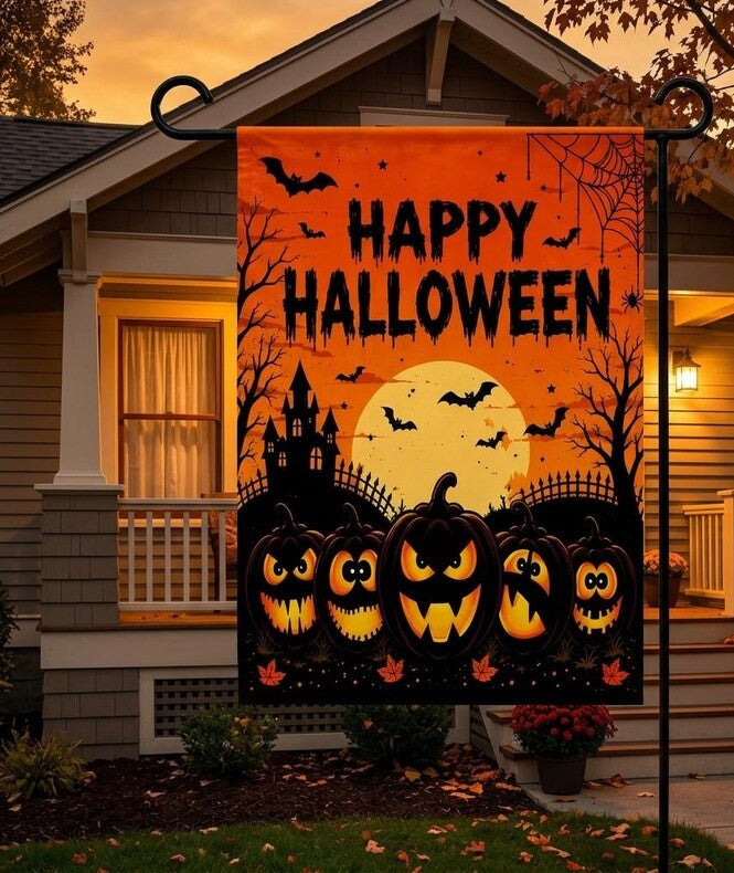 Happy Halloween Garden Flag, Spooky Pumpkin Yard Flag, Jack O Lantern Fall Porch Decor, Haunted House Outdoor Flag, Halloween Party Gift. HLWGFPETAL13