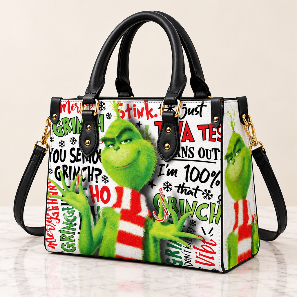 Funny Grinch Christmas Pattern Leather Handbag, Grinch Christmas Leather Tote Bag, Grinch Wallet Purse, Christmas Bag Gift GBAG09