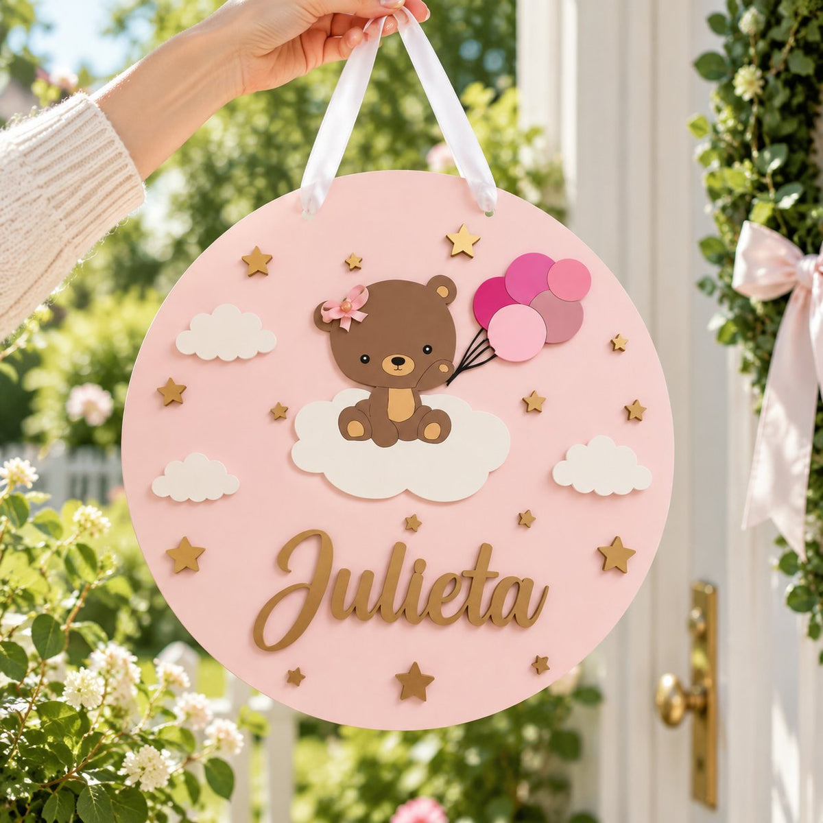 Personalized Teddy Bear Balloon Wooden Sign, Custom Girl Name Door Hanger, Pink Nursery Decor, Baby Shower Gift WOODKID08