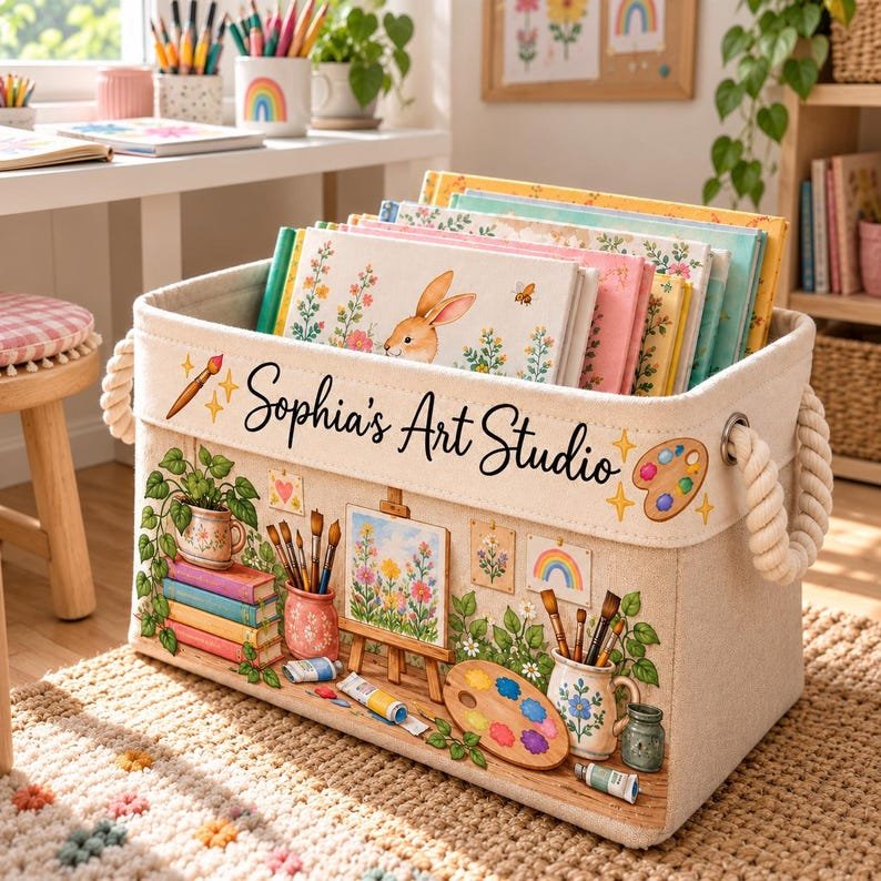Personalized Art Studio Canvas Book Basket, Custom Name Artist Painter Nursery Storage Bin, Toy Basket BBPETAL18