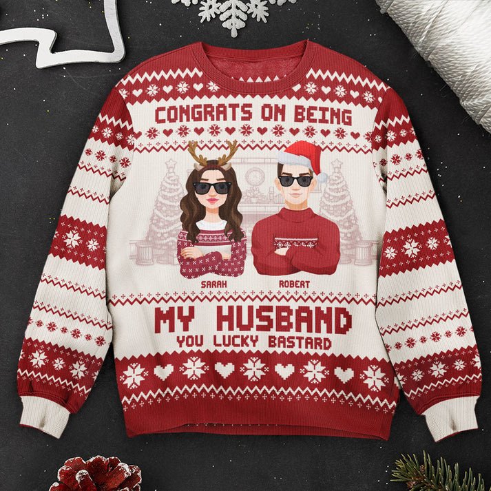 Personalized Congrats On Being My Husband Christmas Ugly Christmas Sweater, Custom Couple Shirt, Unisex Kid Adult Sweater, Christmas Party Shirt, Holiday Sweatshirts, Xmas Outfit, Christmas Gift UXMAS09